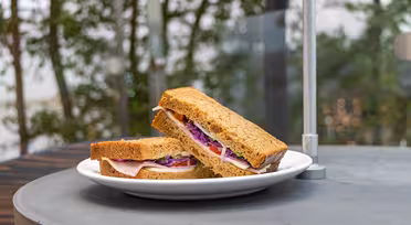 En tallerken med to trekantede sandwich-halvdele på et bord. Sandwichen indeholder kalkun, salat, rødkål og ost mellem skiver af brunt brød. Baggrunden har sløret grønt og en metalstang.
