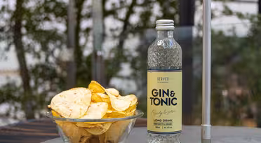 En flaske gin og tonic står på et bord ved siden af en glasskål fyldt med kartoffelchips. Indstillingen er udendørs med sløret grønt i baggrunden.