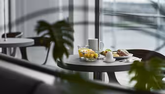 Et bord ved et stort vindue er dækket med en skål frugt, et glas vand, en kop kaffe og en tallerken med en sandwich og kogt æg. Grønne blade indrammer delvist forgrunden med en udendørs udsigt ud over vinduet.
