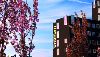 En moderne sort bygning med talrige vinduer er sat mod en blå himmel med tjavsede skyer. I forgrunden tilføjer et levende felt af tulipaner og nogle få blomstrende træer farve og liv til scenen.