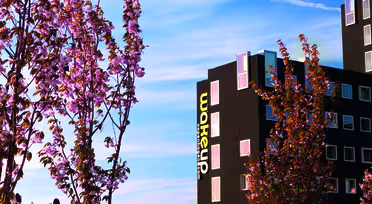 En moderne sort bygning med talrige vinduer er sat mod en blå himmel med tjavsede skyer. I forgrunden tilføjer et levende felt af tulipaner og nogle få blomstrende træer farve og liv til scenen.