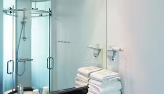 Et moderne badeværelse med brusekabine i glas, et stort spejl og en granitbordplade med en vask. Håndklæder er pænt stablet, og toiletartikler er arrangeret ved siden af dem. Overhead lys oplyser rummet.