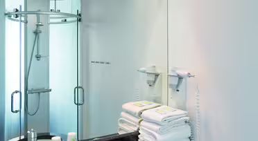 Et moderne badeværelse med brusekabine i glas, et stort spejl og en granitbordplade med en vask. Håndklæder er pænt stablet, og toiletartikler er arrangeret ved siden af dem. Overhead lys oplyser rummet.