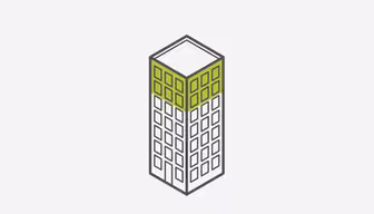 Illustration af en høj, minimalistisk bygning med flere etager. Den øverste del har grønne vinduer, mens resten af vinduerne er hvide. Designet er enkelt, med rene linjer og en geometrisk stil, sat på en almindelig baggrund.