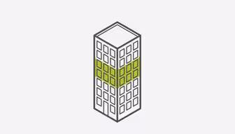 Illustration af en høj bygning med et enkelt wireframe-design. Grønne blokke danner et bånd rundt om midten, i kontrast til det ellers monokromatiske omrids. Strukturen fremstår tredimensionel mod en almindelig baggrund.