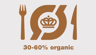 Brunt logo med en gaffel til venstre og en kniv til højre, med en stiliseret "Ø" og en krone i midten. Teksten nedenfor lyder "30-60% økologisk.