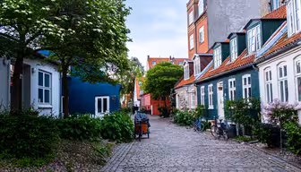 En charmerende brostensbelagt gade med maleriske huse med farverigt ydre og skrå tage. Cykler er parkeret langs siden, og frodige grønne områder, herunder træer og buske, tilføjer et naturligt præg til den fredfyldte, overskyede scene.